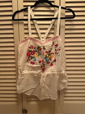 2009 Abercrombie & Fitch White Embroidered Floral Tank Top